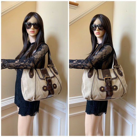 Authentic Burberry Blue Label Beige Buckle Canvas Chocolate Patent  Leather Bag - Picture 4 of 13